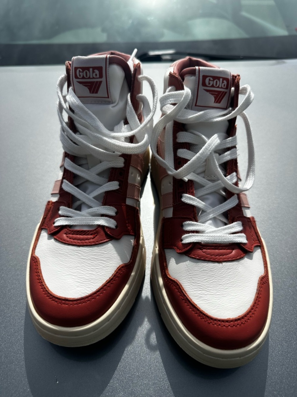 Gola High-Top Sneakers in White & Rust Red